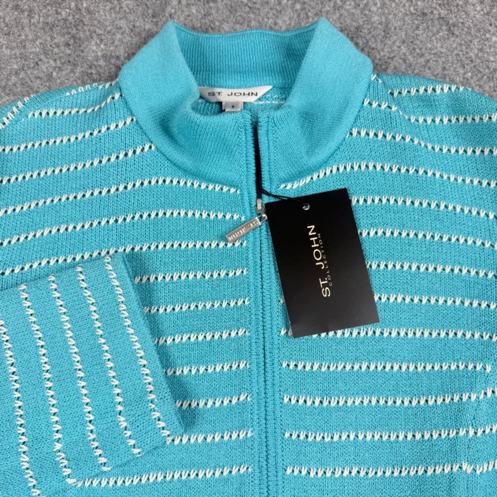 St. John Zip Front Cardigan Women Small Blue Wool Santana Knit Sweater NWT